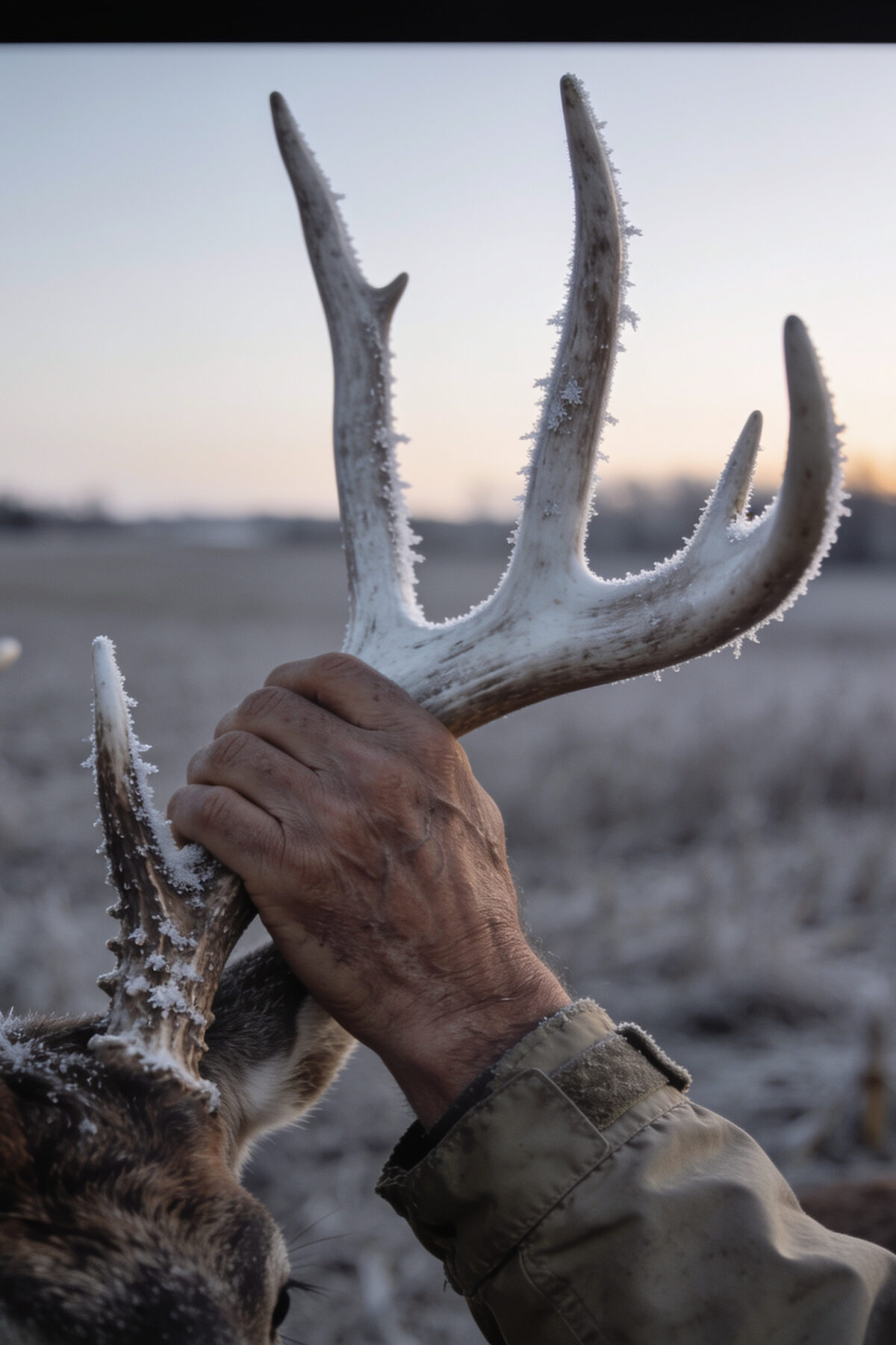 A frost-covered whitetail antler held up in a weathered hand at first light, over a cut cornfield